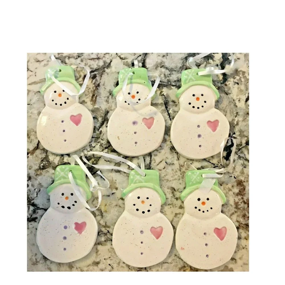 Lot of 6 Hand-Painted Ceramic Christmas Ornaments Snowman wearing Tophat